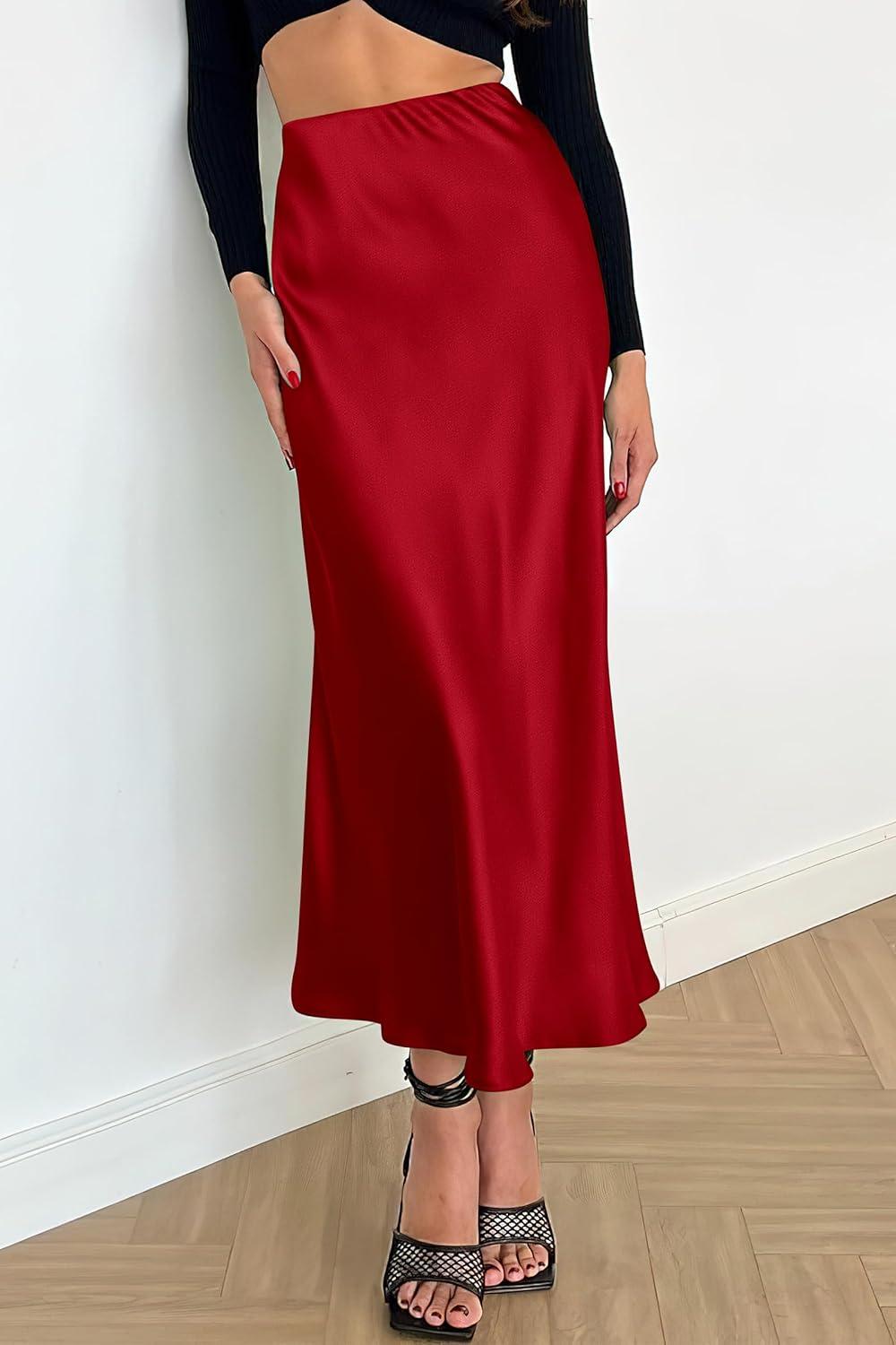 imagePRETTYGARDEN Womens Satin Skirts Dressy Casual 2025 Fall High Waisted Cocktail Wedding Flowy Elegant A Line Midi SkirtDark Red