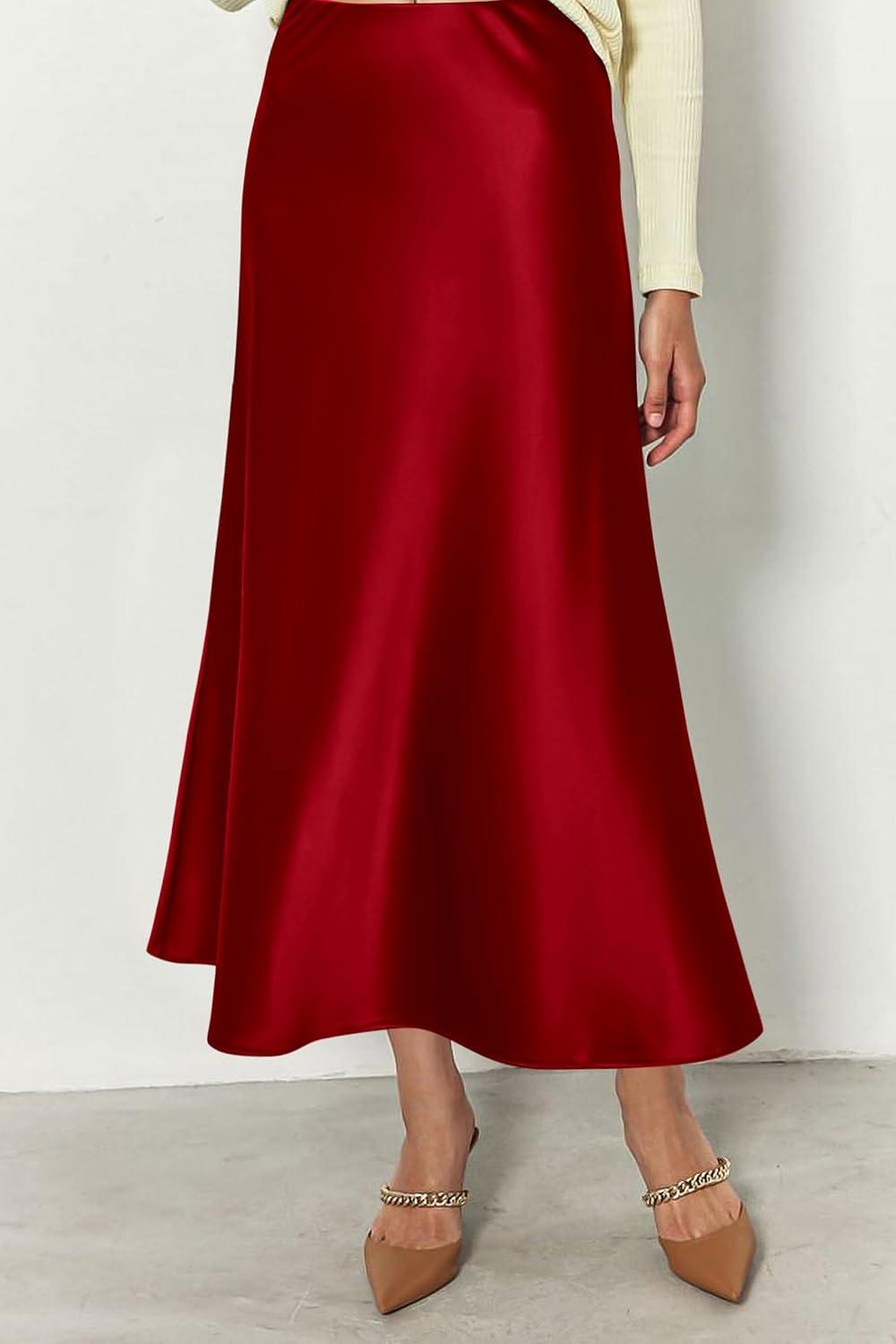 imagePRETTYGARDEN Womens Satin Skirts Dressy Casual 2025 Fall High Waisted Cocktail Wedding Flowy Elegant A Line Midi SkirtDark Red