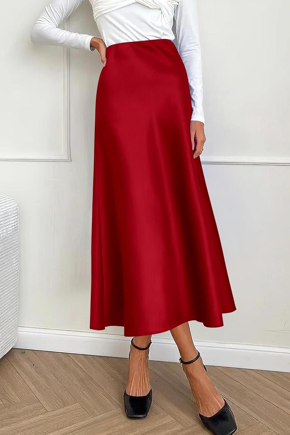 imagePRETTYGARDEN Womens Satin Skirts Dressy Casual 2025 Fall High Waisted Cocktail Wedding Flowy Elegant A Line Midi SkirtDark Red