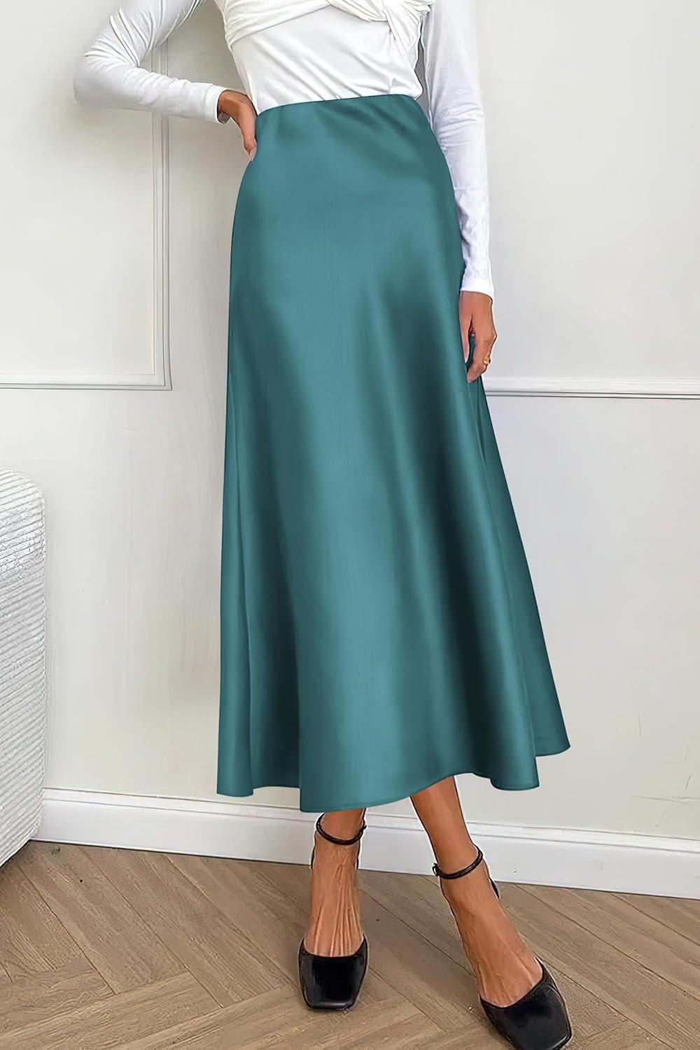 imagePRETTYGARDEN Womens Satin Skirts Dressy Casual 2025 Fall High Waisted Cocktail Wedding Flowy Elegant A Line Midi SkirtLake Blue