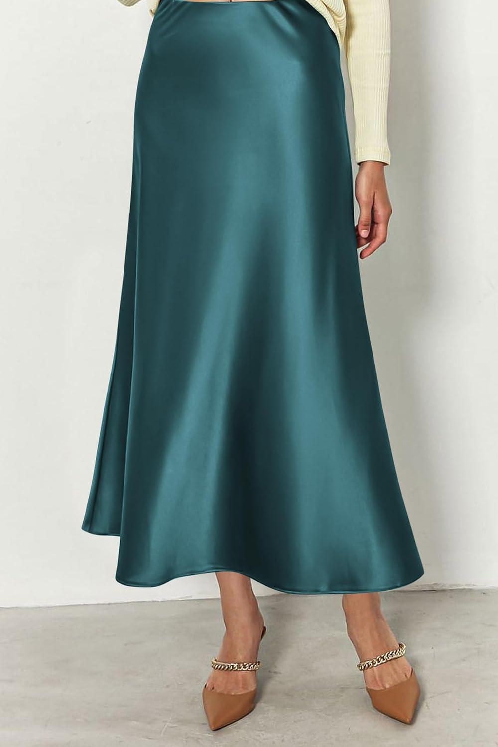 imagePRETTYGARDEN Womens Satin Skirts Dressy Casual 2025 Fall High Waisted Cocktail Wedding Flowy Elegant A Line Midi SkirtLake Blue