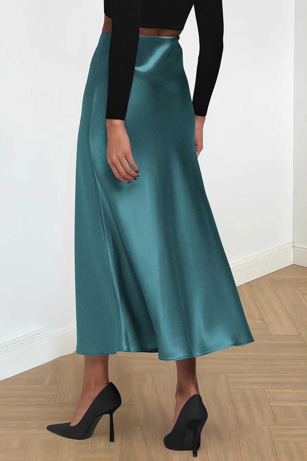 imagePRETTYGARDEN Womens Satin Skirts Dressy Casual 2025 Fall High Waisted Cocktail Wedding Flowy Elegant A Line Midi SkirtLake Blue