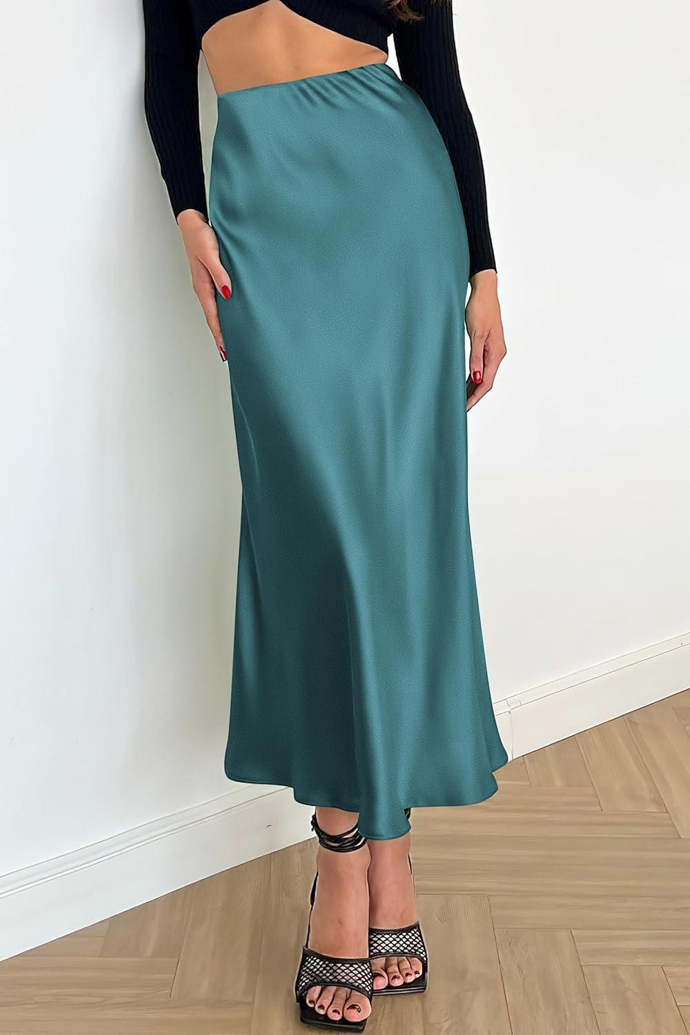 imagePRETTYGARDEN Womens Satin Skirts Dressy Casual 2025 Fall High Waisted Cocktail Wedding Flowy Elegant A Line Midi SkirtLake Blue