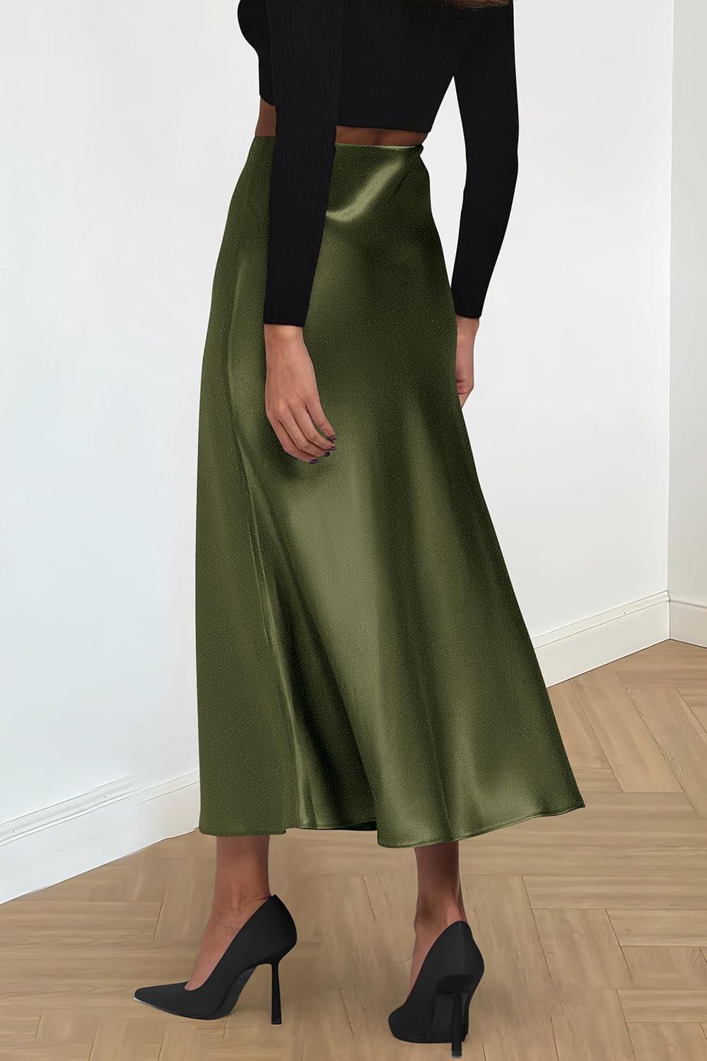 imagePRETTYGARDEN Womens Satin Skirts Dressy Casual 2025 Fall High Waisted Cocktail Wedding Flowy Elegant A Line Midi SkirtLight Army Green