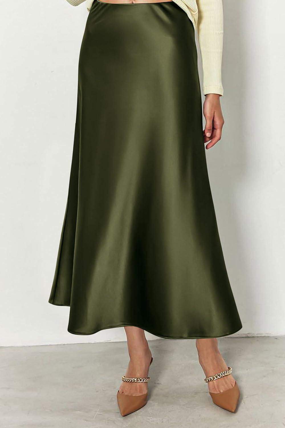 imagePRETTYGARDEN Womens Satin Skirts Dressy Casual 2025 Fall High Waisted Cocktail Wedding Flowy Elegant A Line Midi SkirtLight Army Green