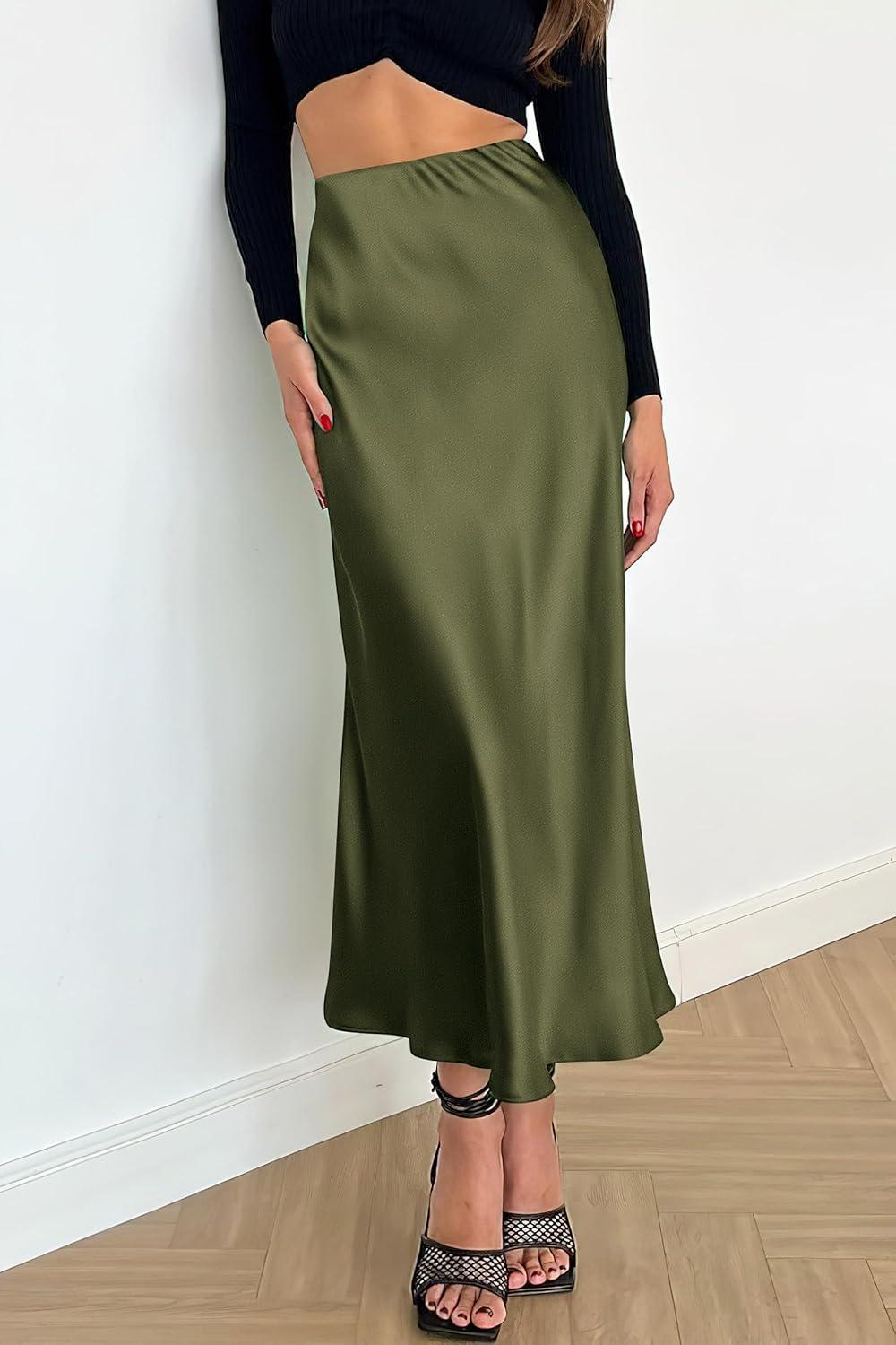 imagePRETTYGARDEN Womens Satin Skirts Dressy Casual 2025 Fall High Waisted Cocktail Wedding Flowy Elegant A Line Midi SkirtLight Army Green