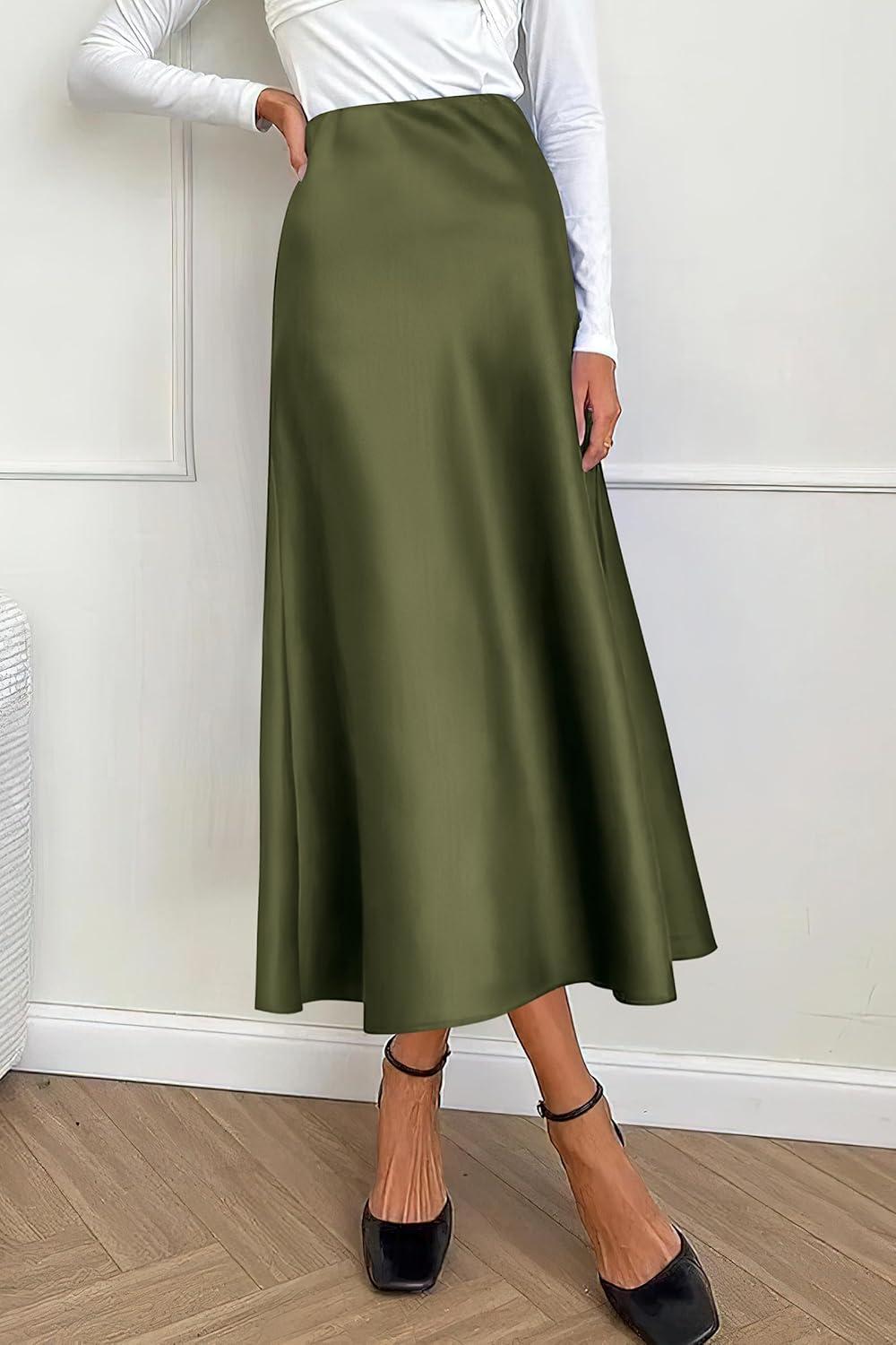 imagePRETTYGARDEN Womens Satin Skirts Dressy Casual 2025 Fall High Waisted Cocktail Wedding Flowy Elegant A Line Midi SkirtLight Army Green