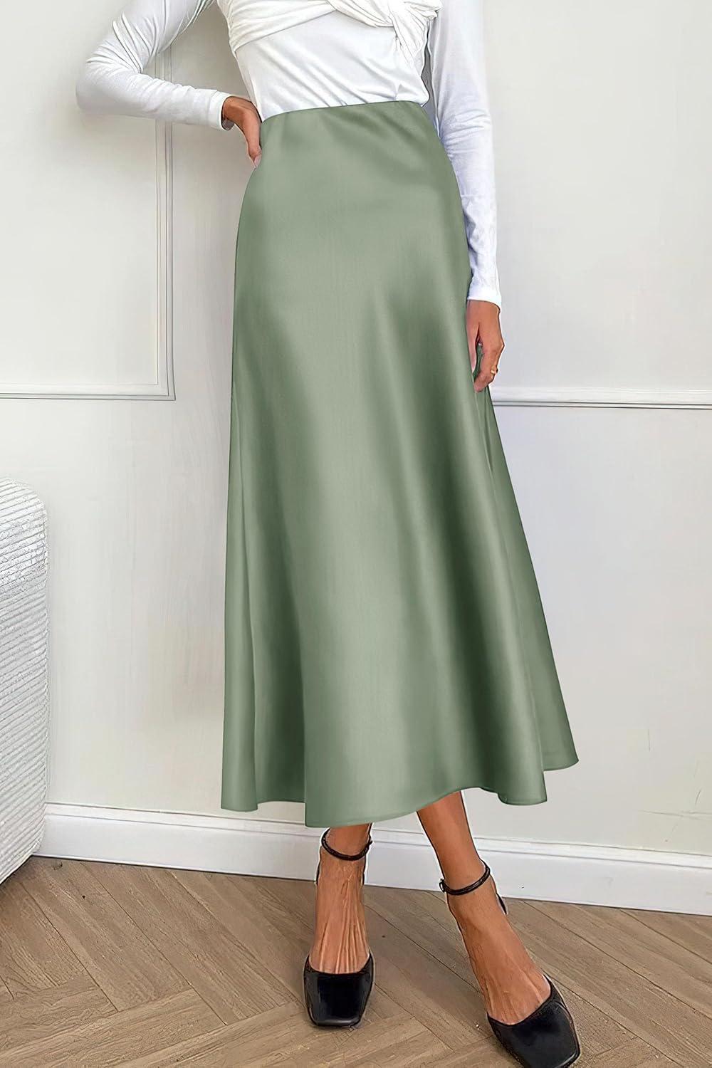 imagePRETTYGARDEN Womens Satin Skirts Dressy Casual 2025 Fall High Waisted Cocktail Wedding Flowy Elegant A Line Midi SkirtLight Green