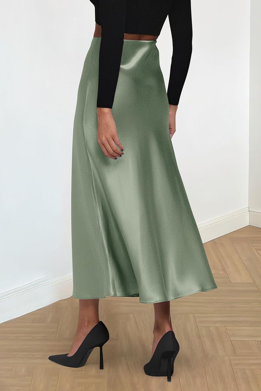 imagePRETTYGARDEN Womens Satin Skirts Dressy Casual 2025 Fall High Waisted Cocktail Wedding Flowy Elegant A Line Midi SkirtLight Green