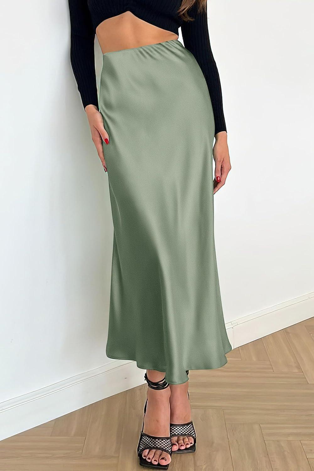 imagePRETTYGARDEN Womens Satin Skirts Dressy Casual 2025 Fall High Waisted Cocktail Wedding Flowy Elegant A Line Midi SkirtLight Green