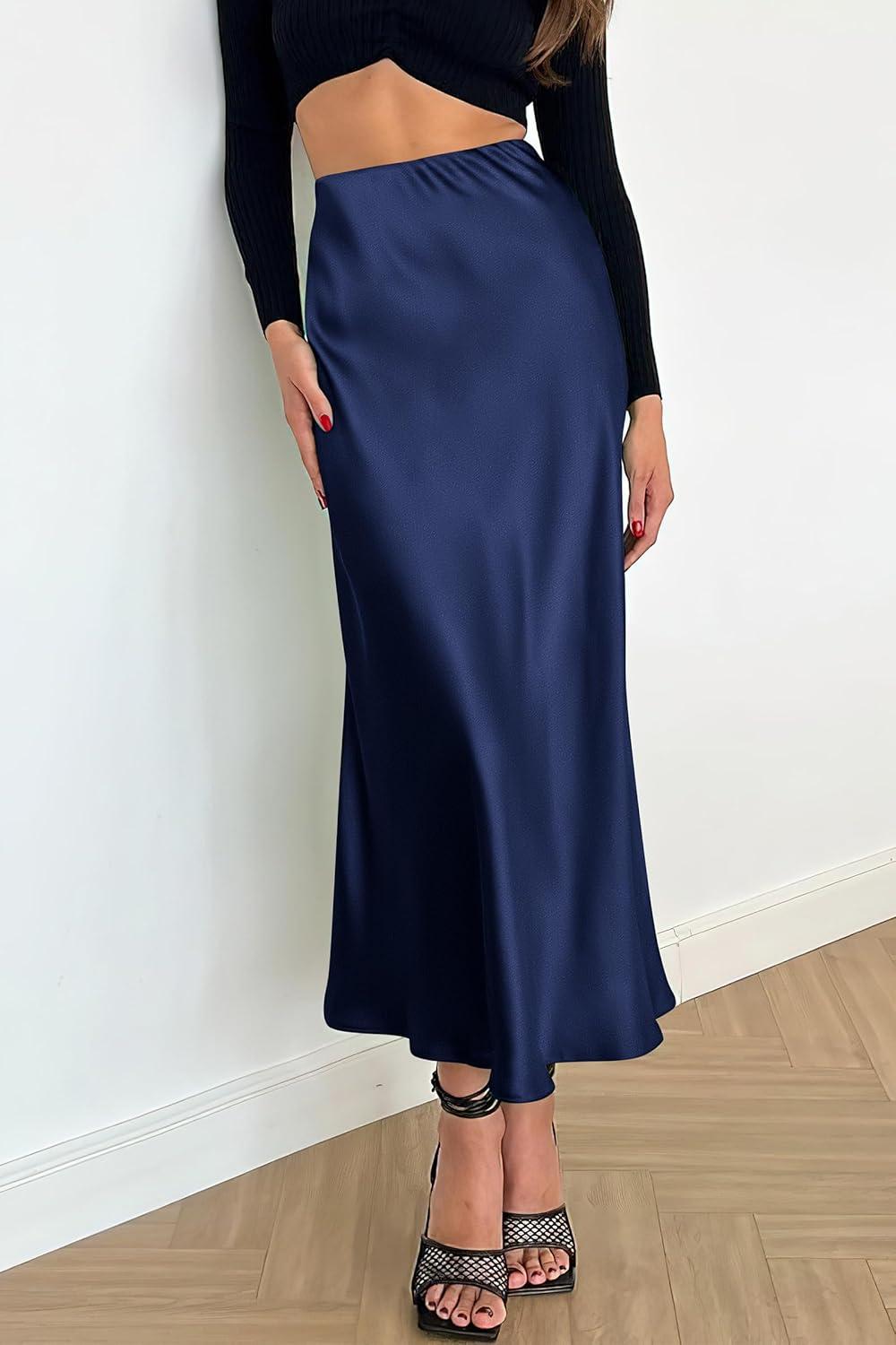 imagePRETTYGARDEN Womens Satin Skirts Dressy Casual 2025 Fall High Waisted Cocktail Wedding Flowy Elegant A Line Midi SkirtNavy