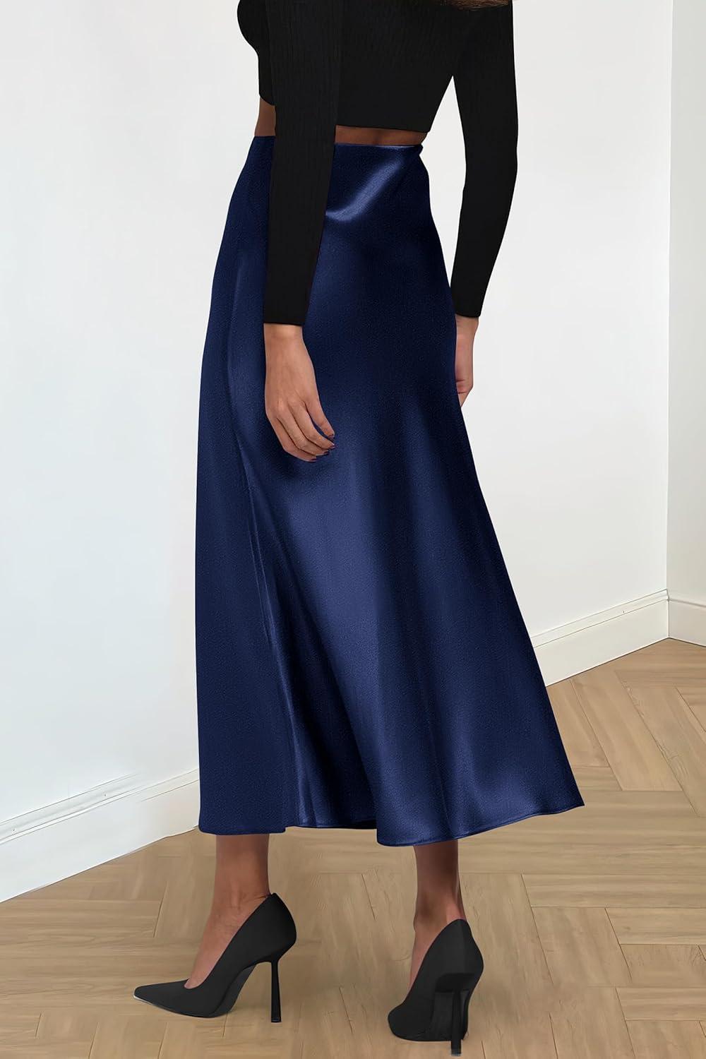 imagePRETTYGARDEN Womens Satin Skirts Dressy Casual 2025 Fall High Waisted Cocktail Wedding Flowy Elegant A Line Midi SkirtNavy