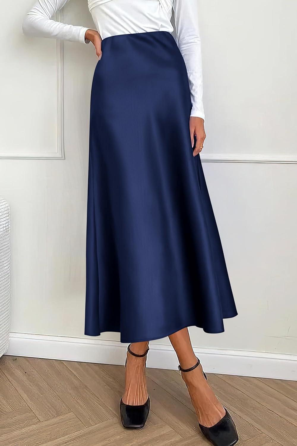 imagePRETTYGARDEN Womens Satin Skirts Dressy Casual 2025 Fall High Waisted Cocktail Wedding Flowy Elegant A Line Midi SkirtNavy