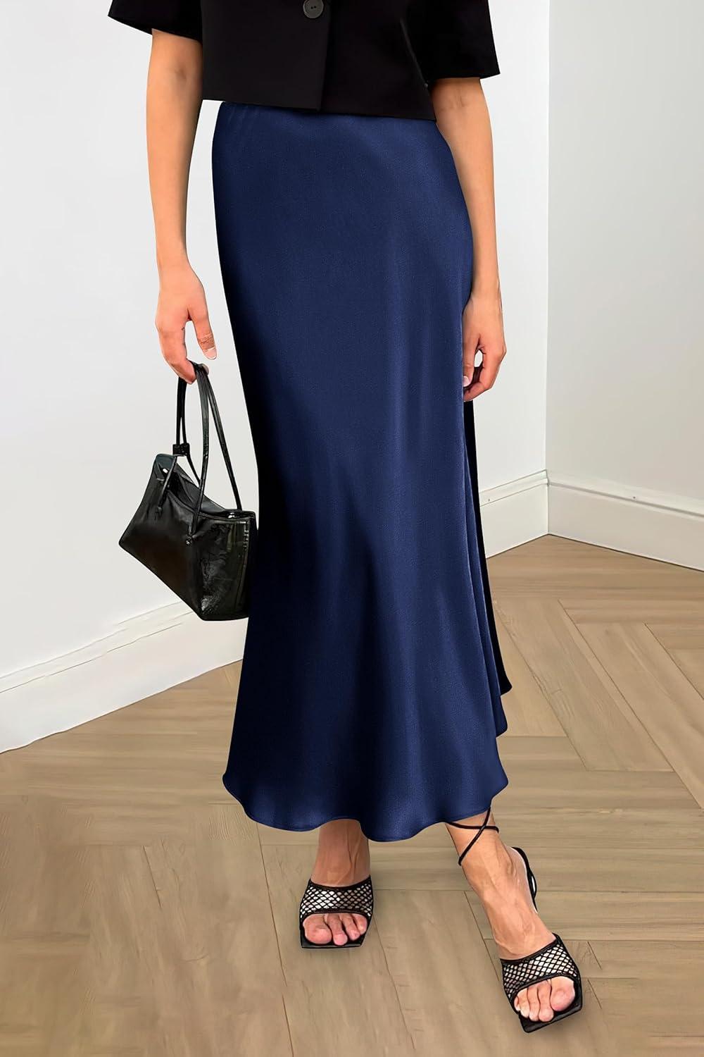 imagePRETTYGARDEN Womens Satin Skirts Dressy Casual 2025 Fall High Waisted Cocktail Wedding Flowy Elegant A Line Midi SkirtNavy