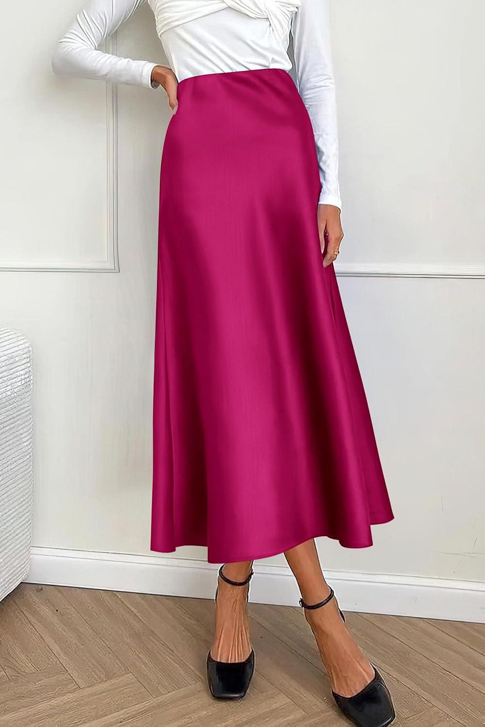 imagePRETTYGARDEN Womens Satin Skirts Dressy Casual 2025 Fall High Waisted Cocktail Wedding Flowy Elegant A Line Midi SkirtRose Red
