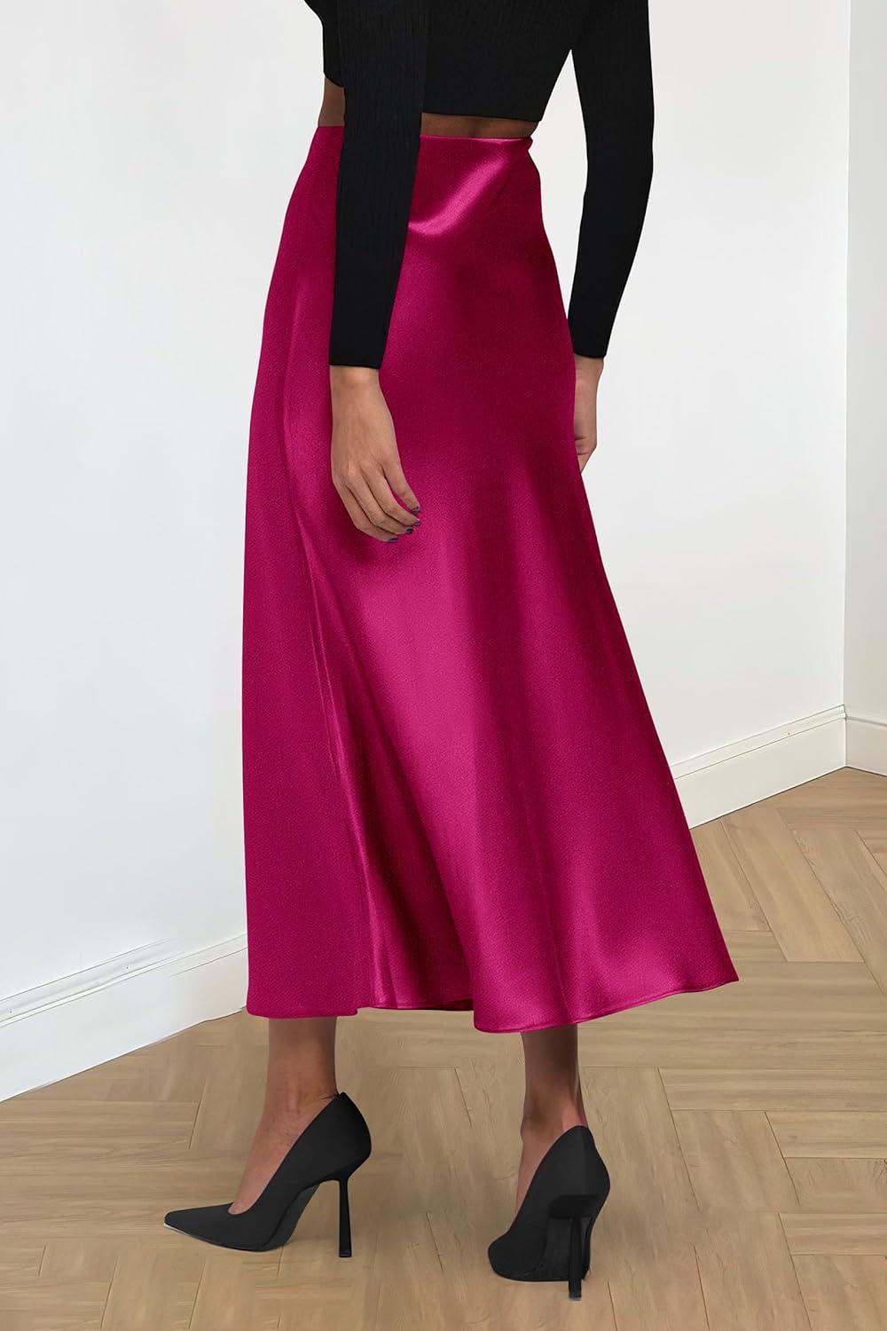 imagePRETTYGARDEN Womens Satin Skirts Dressy Casual 2025 Fall High Waisted Cocktail Wedding Flowy Elegant A Line Midi SkirtRose Red