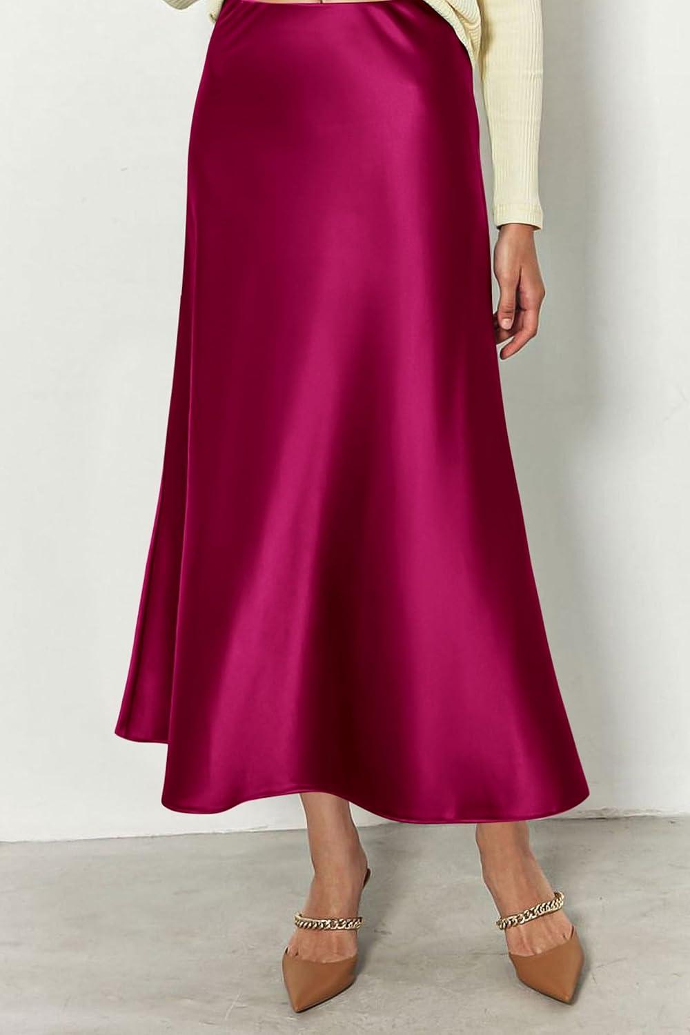 imagePRETTYGARDEN Womens Satin Skirts Dressy Casual 2025 Fall High Waisted Cocktail Wedding Flowy Elegant A Line Midi SkirtRose Red