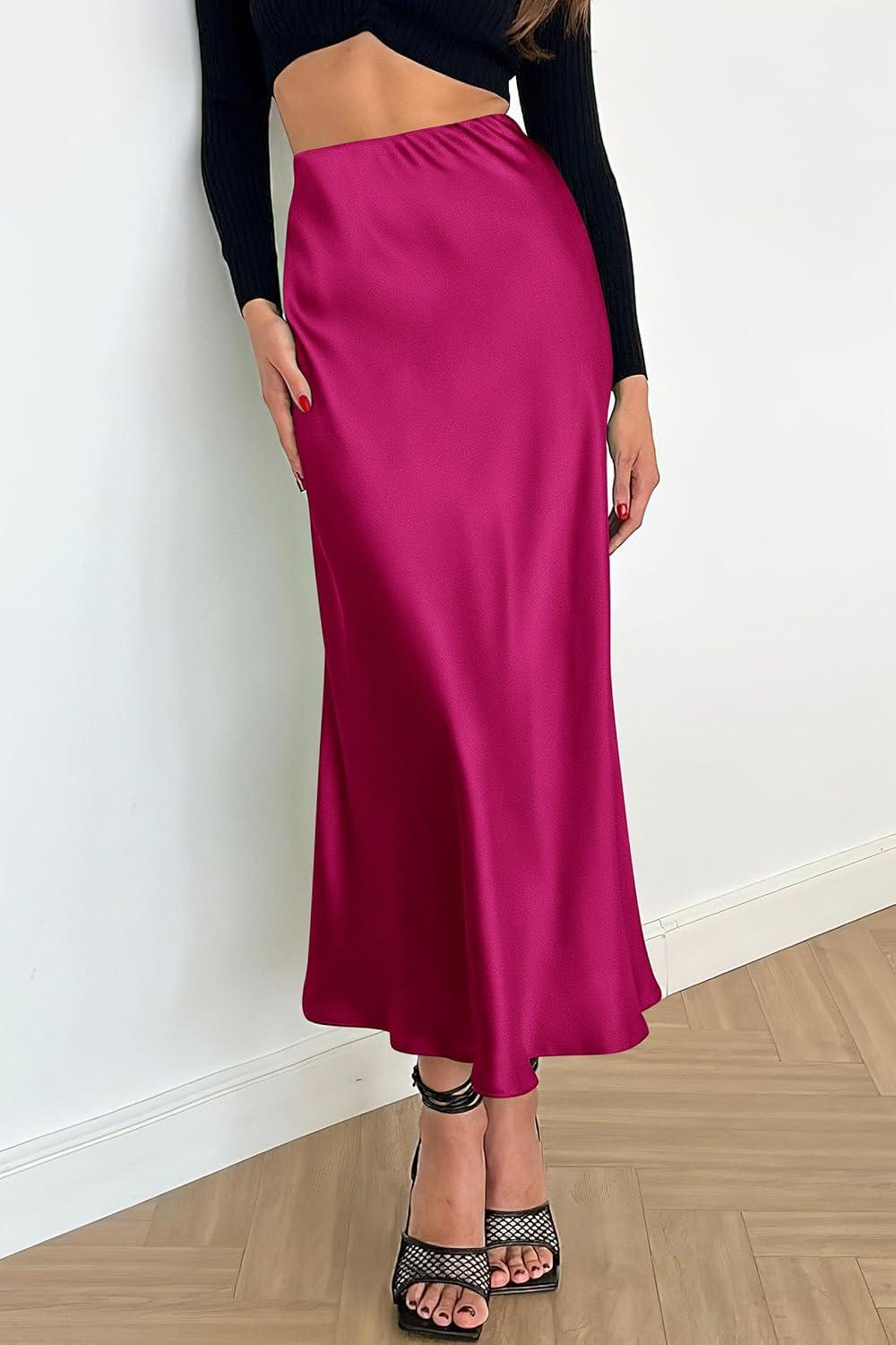 imagePRETTYGARDEN Womens Satin Skirts Dressy Casual 2025 Fall High Waisted Cocktail Wedding Flowy Elegant A Line Midi SkirtRose Red