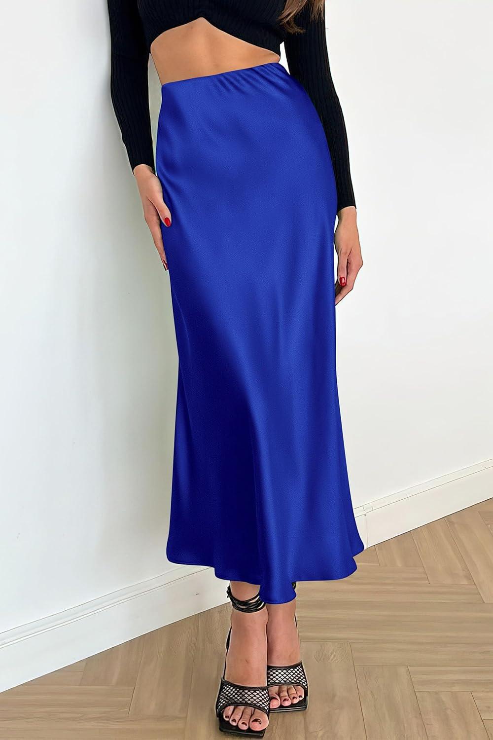 imagePRETTYGARDEN Womens Satin Skirts Dressy Casual 2025 Fall High Waisted Cocktail Wedding Flowy Elegant A Line Midi SkirtRoyal Blue