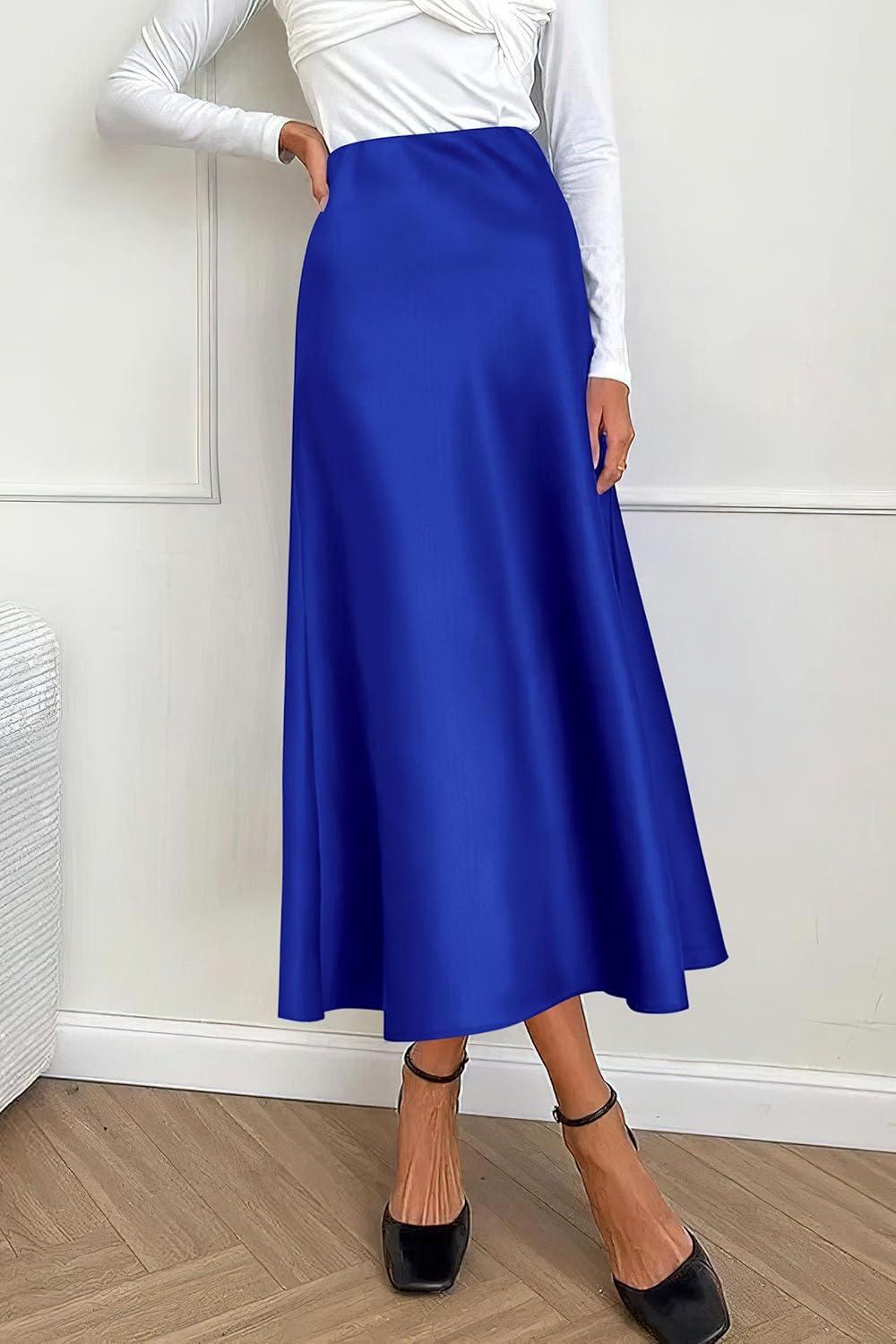 imagePRETTYGARDEN Womens Satin Skirts Dressy Casual 2025 Fall High Waisted Cocktail Wedding Flowy Elegant A Line Midi SkirtRoyal Blue