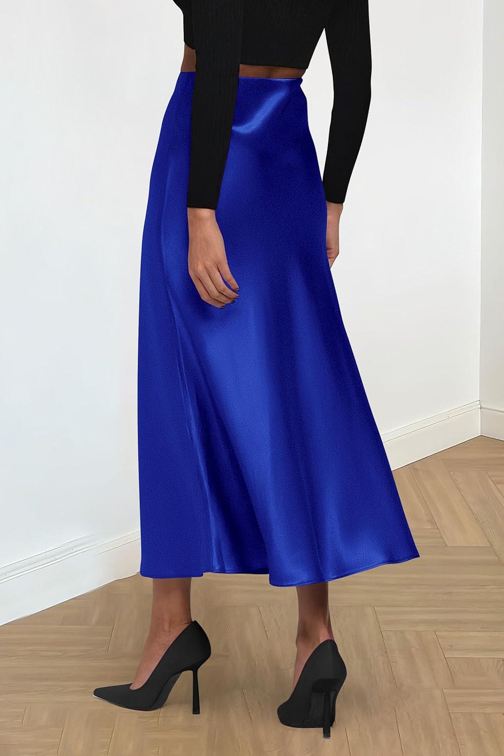 imagePRETTYGARDEN Womens Satin Skirts Dressy Casual 2025 Fall High Waisted Cocktail Wedding Flowy Elegant A Line Midi SkirtRoyal Blue
