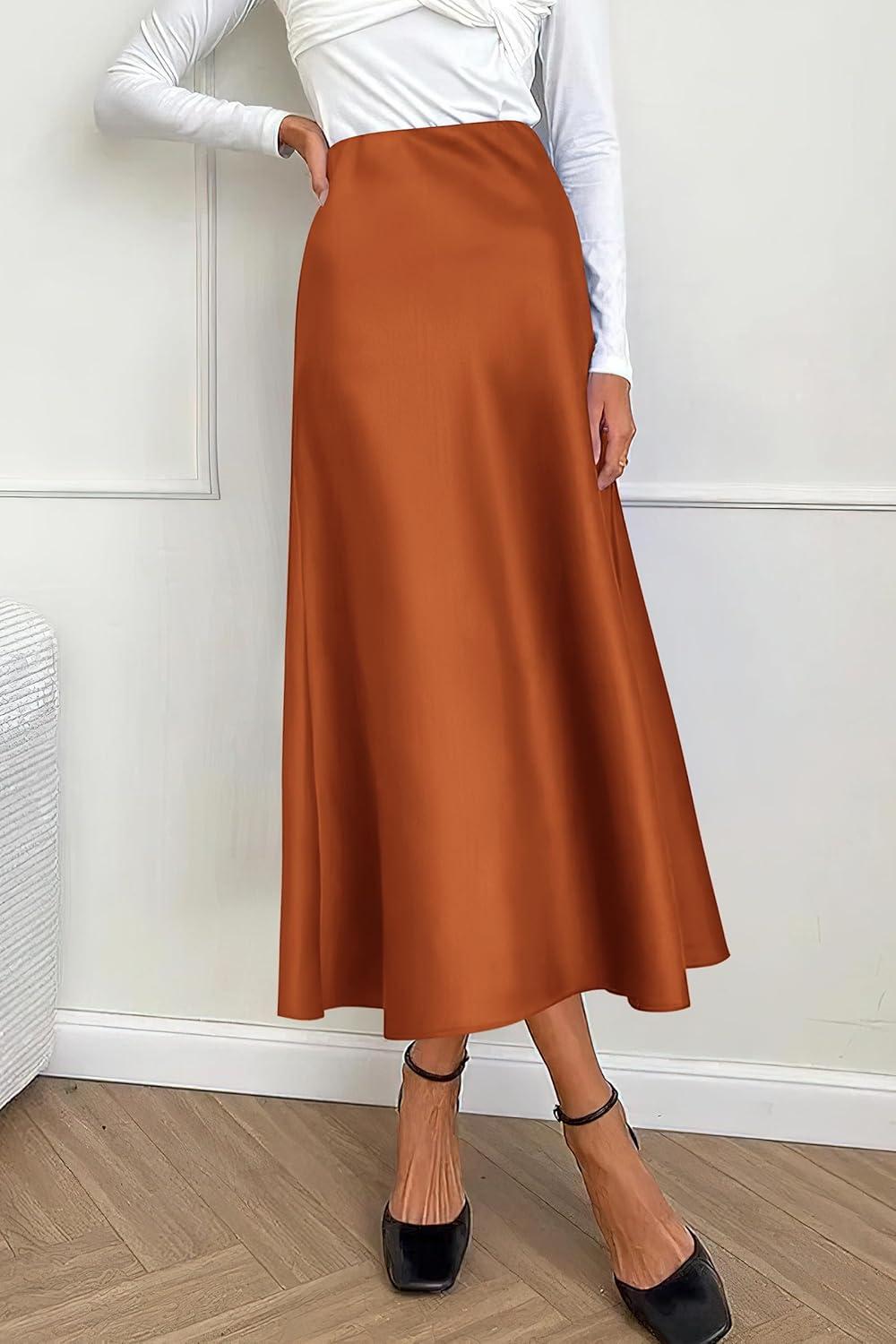 imagePRETTYGARDEN Womens Satin Skirts Dressy Casual 2025 Fall High Waisted Cocktail Wedding Flowy Elegant A Line Midi SkirtRust Red