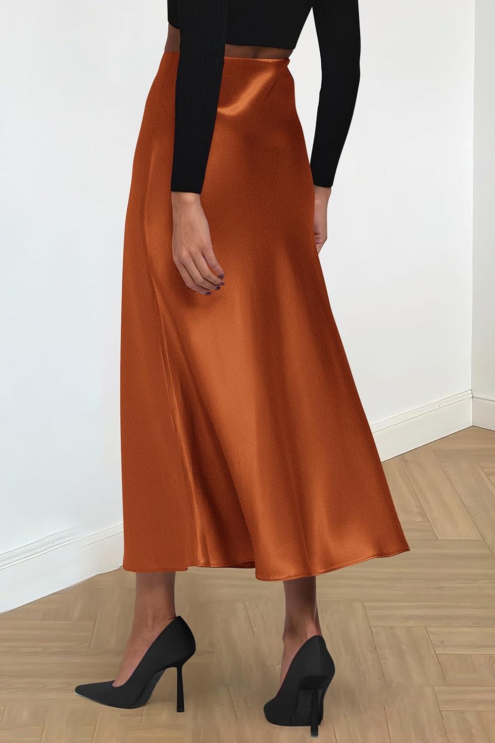 imagePRETTYGARDEN Womens Satin Skirts Dressy Casual 2025 Fall High Waisted Cocktail Wedding Flowy Elegant A Line Midi SkirtRust Red