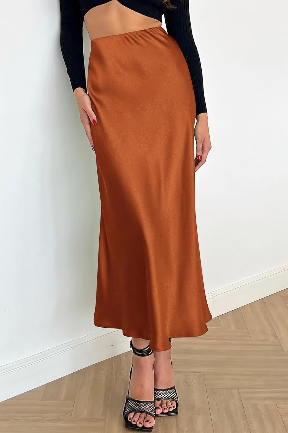 imagePRETTYGARDEN Womens Satin Skirts Dressy Casual 2025 Fall High Waisted Cocktail Wedding Flowy Elegant A Line Midi SkirtRust Red
