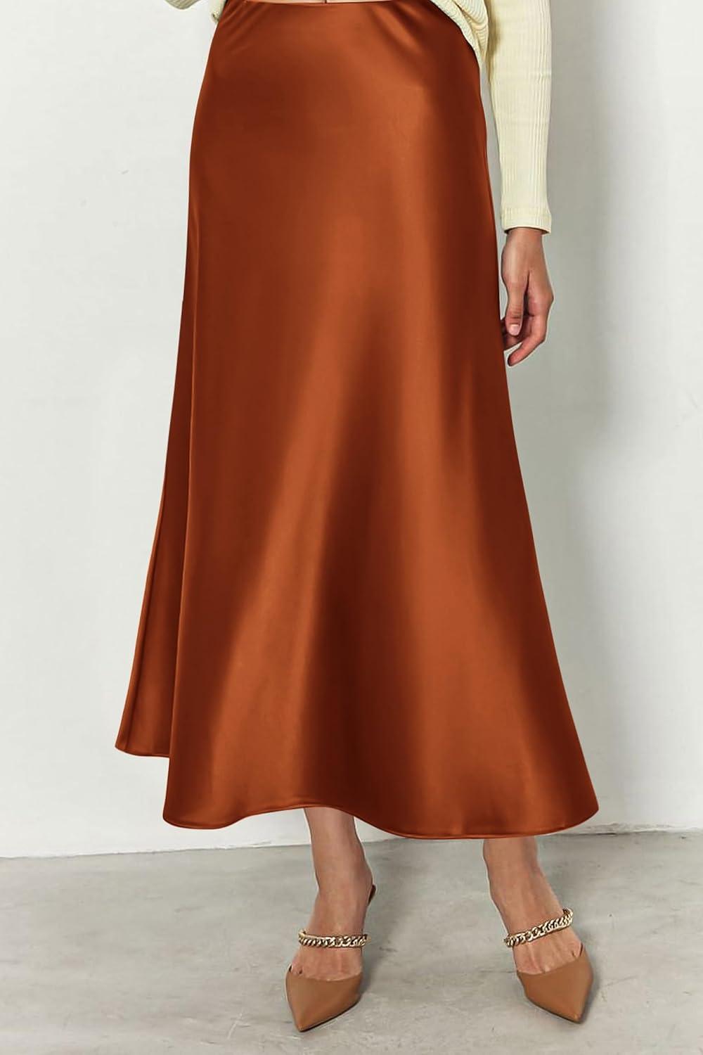 imagePRETTYGARDEN Womens Satin Skirts Dressy Casual 2025 Fall High Waisted Cocktail Wedding Flowy Elegant A Line Midi SkirtRust Red