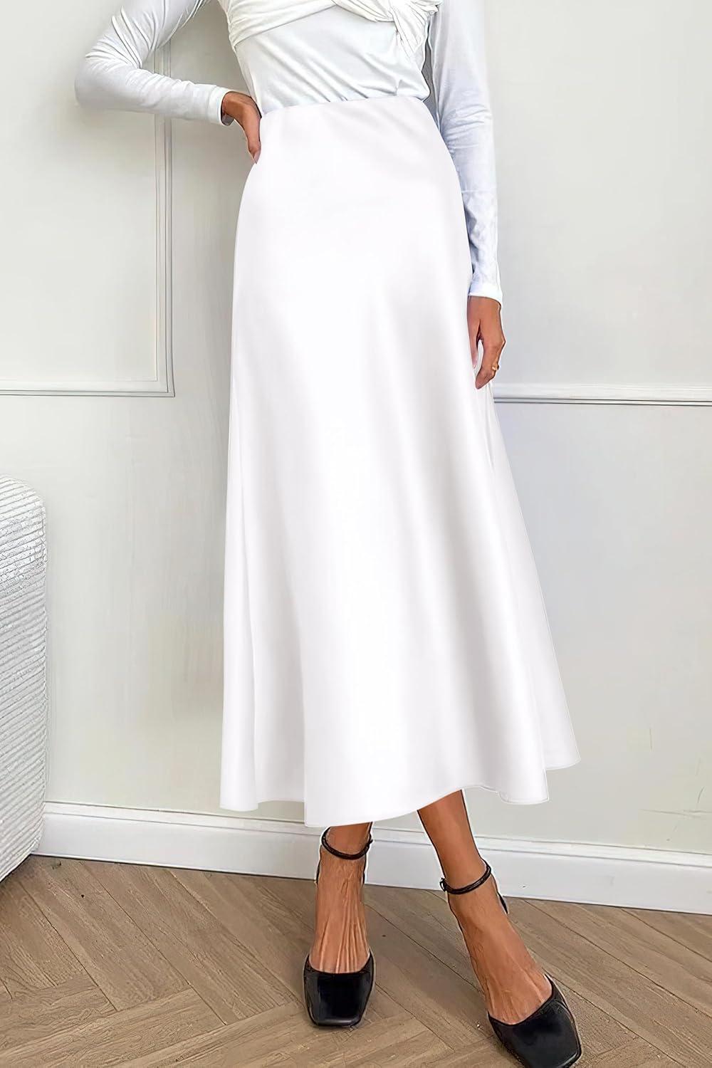 imagePRETTYGARDEN Womens Satin Skirts Dressy Casual 2025 Fall High Waisted Cocktail Wedding Flowy Elegant A Line Midi SkirtWhite