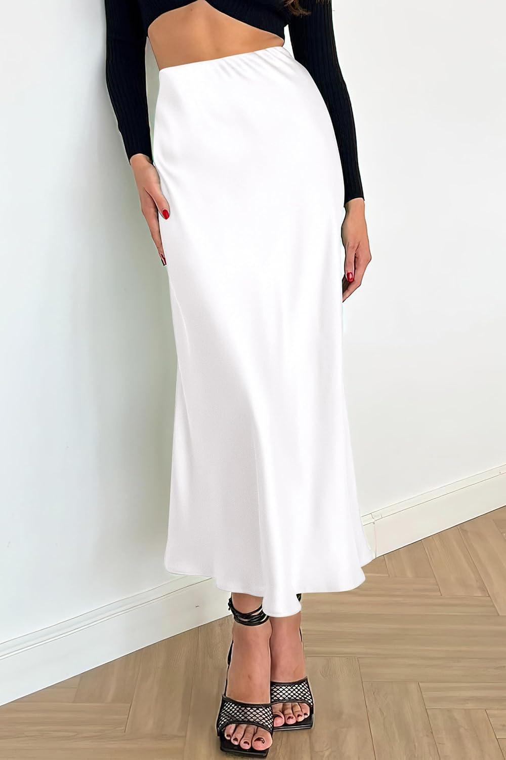 imagePRETTYGARDEN Womens Satin Skirts Dressy Casual 2025 Fall High Waisted Cocktail Wedding Flowy Elegant A Line Midi SkirtWhite