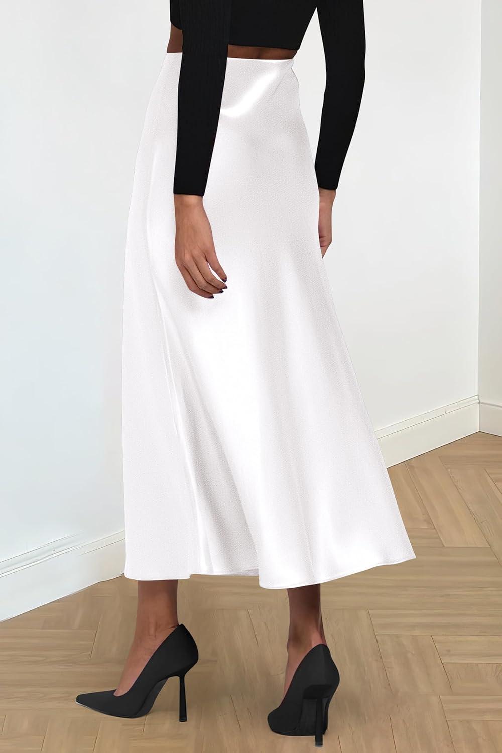 imagePRETTYGARDEN Womens Satin Skirts Dressy Casual 2025 Fall High Waisted Cocktail Wedding Flowy Elegant A Line Midi SkirtWhite