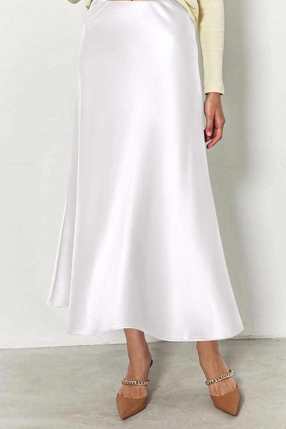 imagePRETTYGARDEN Womens Satin Skirts Dressy Casual 2025 Fall High Waisted Cocktail Wedding Flowy Elegant A Line Midi SkirtWhite