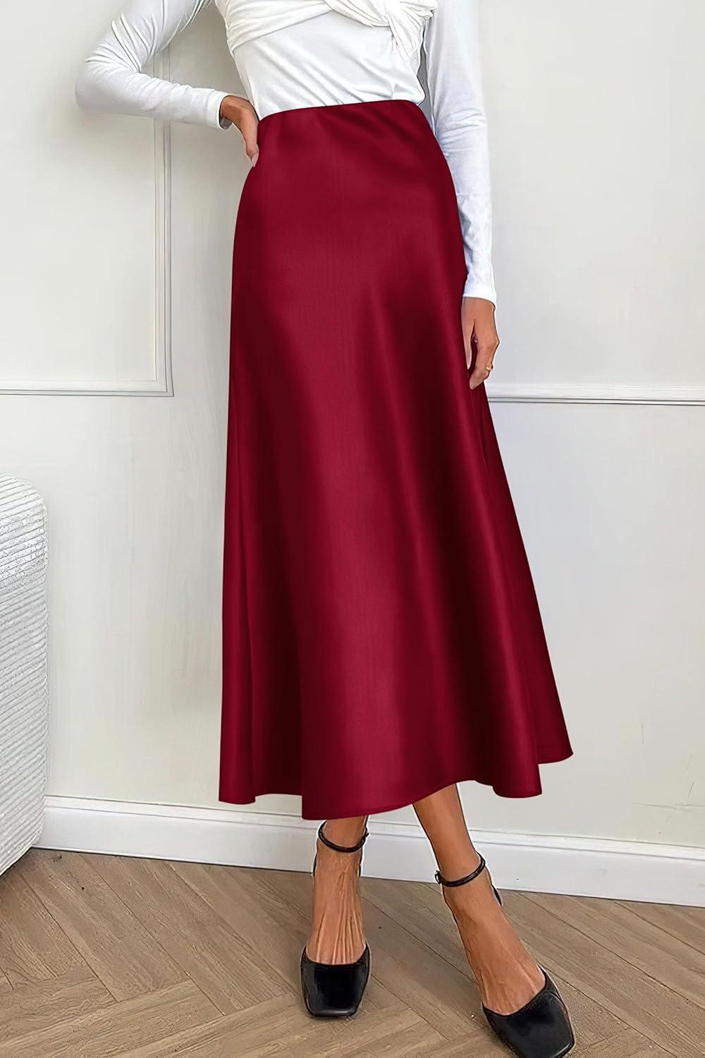 imagePRETTYGARDEN Womens Satin Skirts Dressy Casual 2025 Fall High Waisted Cocktail Wedding Flowy Elegant A Line Midi SkirtWine Red