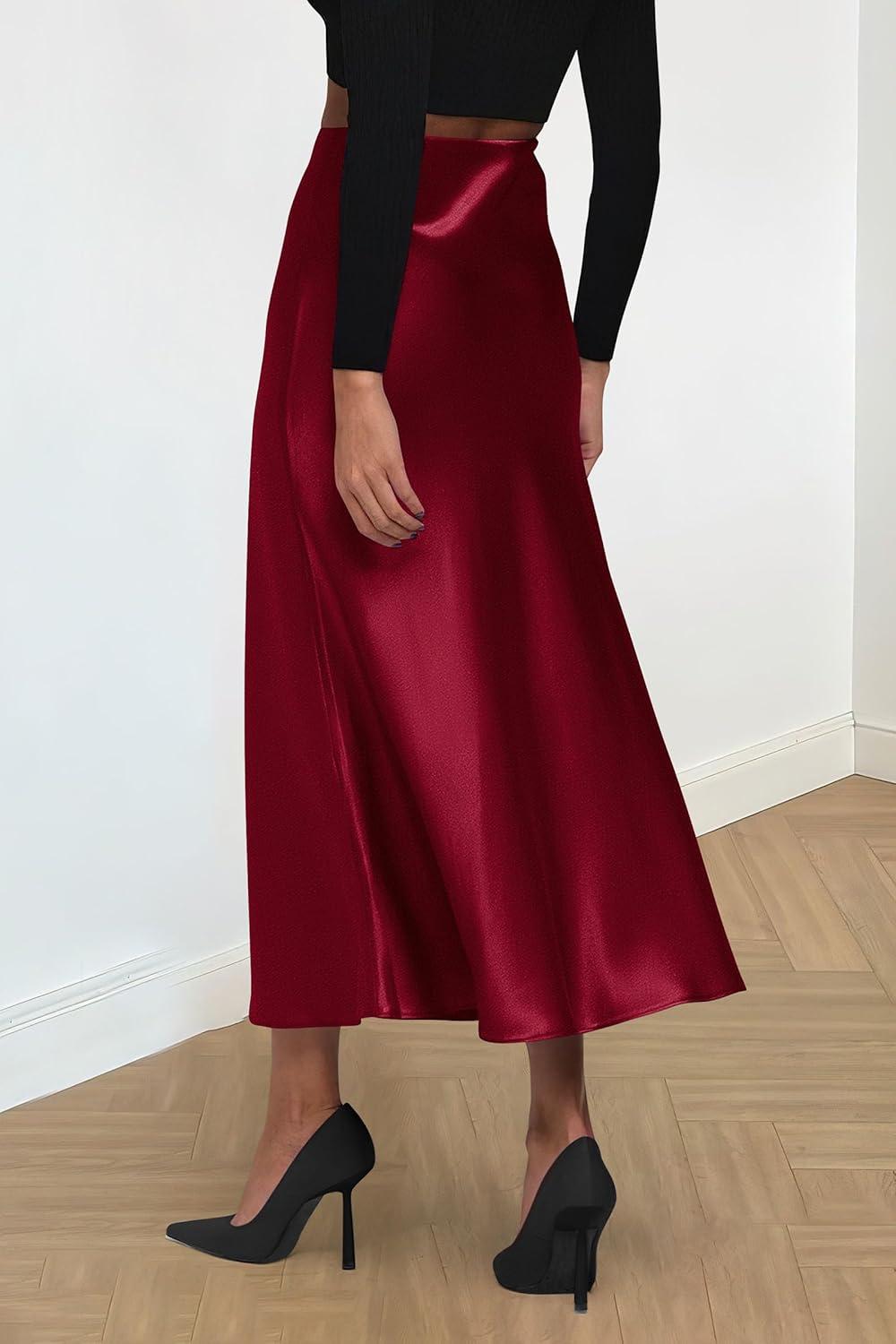 imagePRETTYGARDEN Womens Satin Skirts Dressy Casual 2025 Fall High Waisted Cocktail Wedding Flowy Elegant A Line Midi SkirtWine Red