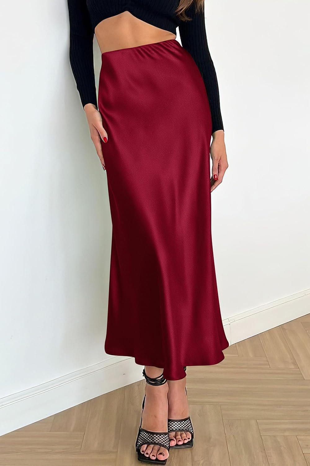 imagePRETTYGARDEN Womens Satin Skirts Dressy Casual 2025 Fall High Waisted Cocktail Wedding Flowy Elegant A Line Midi SkirtWine Red