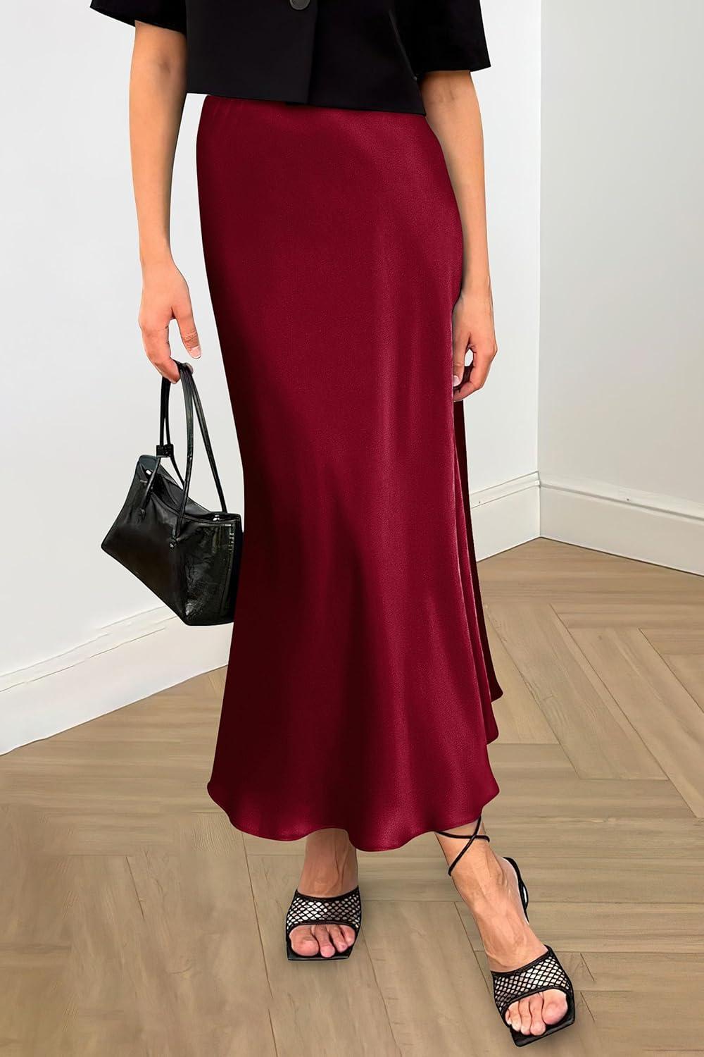 imagePRETTYGARDEN Womens Satin Skirts Dressy Casual 2025 Fall High Waisted Cocktail Wedding Flowy Elegant A Line Midi SkirtWine Red