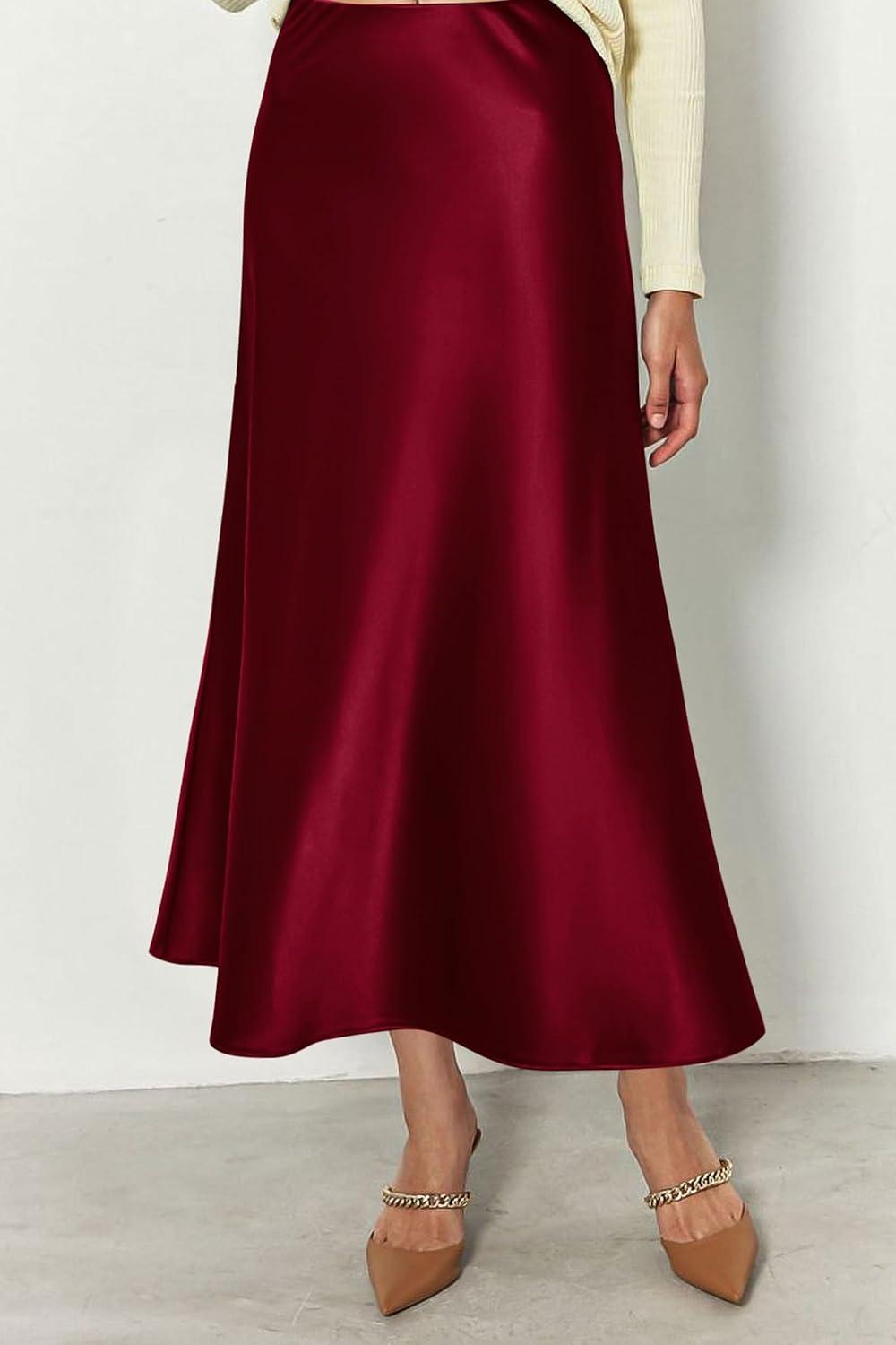 imagePRETTYGARDEN Womens Satin Skirts Dressy Casual 2025 Fall High Waisted Cocktail Wedding Flowy Elegant A Line Midi SkirtWine Red