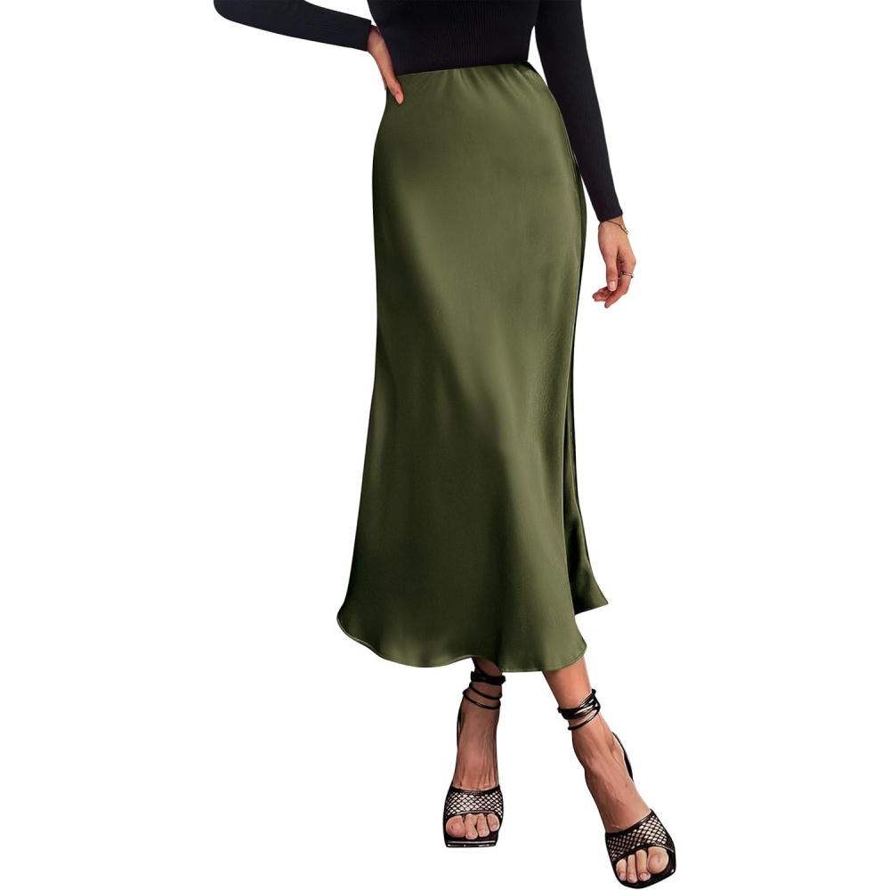 imagePRETTYGARDEN Womens Satin Skirts Dressy Casual 2025 Fall High Waisted Cocktail Wedding Flowy Elegant A Line Midi SkirtLight Army Green