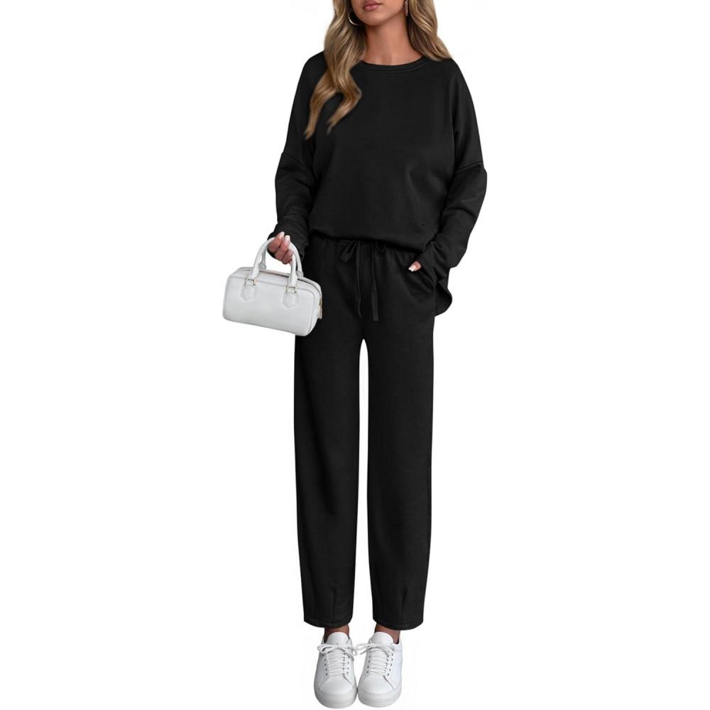 imagePRETTYGARDEN Womens 2 Piece Matching Lounge Sets 2025 Fall Long Sleeve Boatneck Sweatsuit Drawstring Sweatpants PocketsBlack
