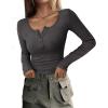 imagePRETTYGARDEN Womens 2025 Summer Fall Long Sleeve Henley T Shirts Button Ribbed Knit Slim Fit Casual Basic Tops BlouseDark Grey