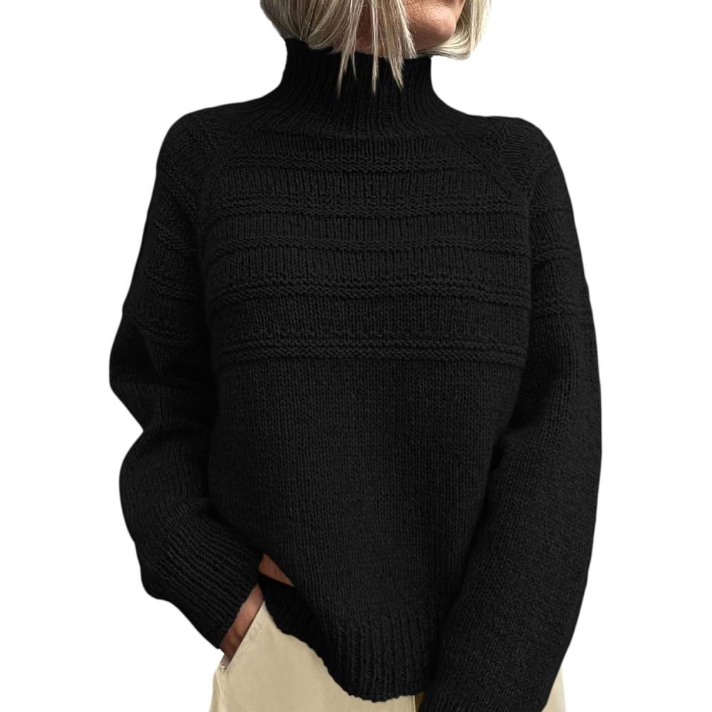 imagePRETTYGARDEN Womens Turtleneck Sweaters 2025 Fall Chunky Knit Pullover Long Sleeve Jumper Tops Trendy Winter ClothesBlack
