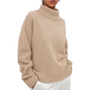 imagePRETTYGARDEN Womens Turtleneck Long Sleeve Sweater 2025 Fall Trendy Loose Fit Casual Tops Chunky Knit Pullover SweatersKhaki