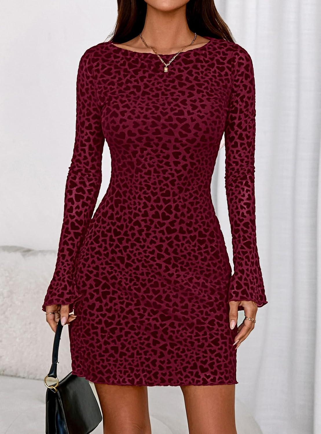 imagePRETTYGARDEN Womens 2025 Fall Fashion Floral Long Sleeve Mini Dress Mesh Bodycon Short Party Date Night Going Out DressesFloral Wine Red
