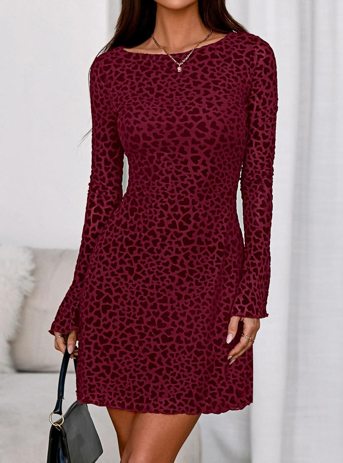 imagePRETTYGARDEN Womens 2025 Fall Fashion Floral Long Sleeve Mini Dress Mesh Bodycon Short Party Date Night Going Out DressesFloral Wine Red