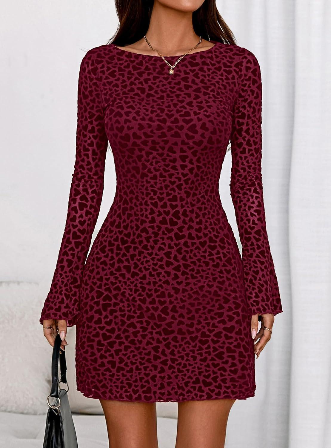 imagePRETTYGARDEN Womens 2025 Fall Fashion Floral Long Sleeve Mini Dress Mesh Bodycon Short Party Date Night Going Out DressesFloral Wine Red