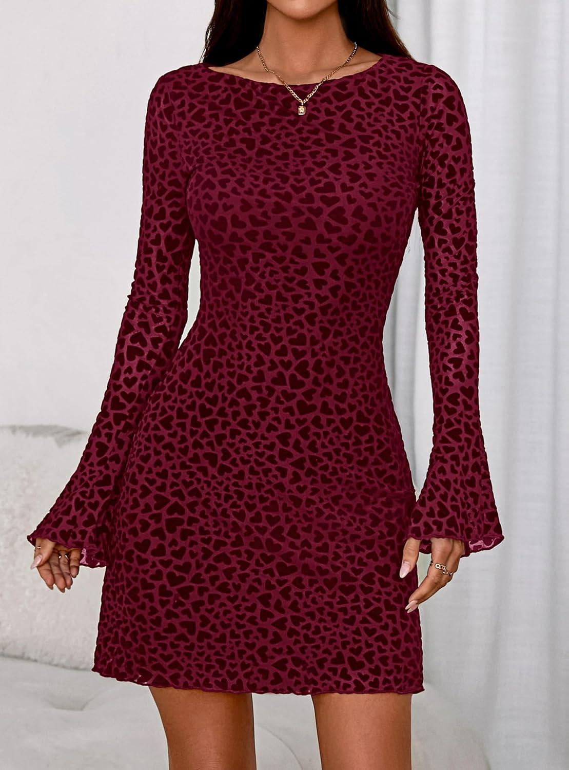 imagePRETTYGARDEN Womens 2025 Fall Fashion Floral Long Sleeve Mini Dress Mesh Bodycon Short Party Date Night Going Out DressesFloral Wine Red