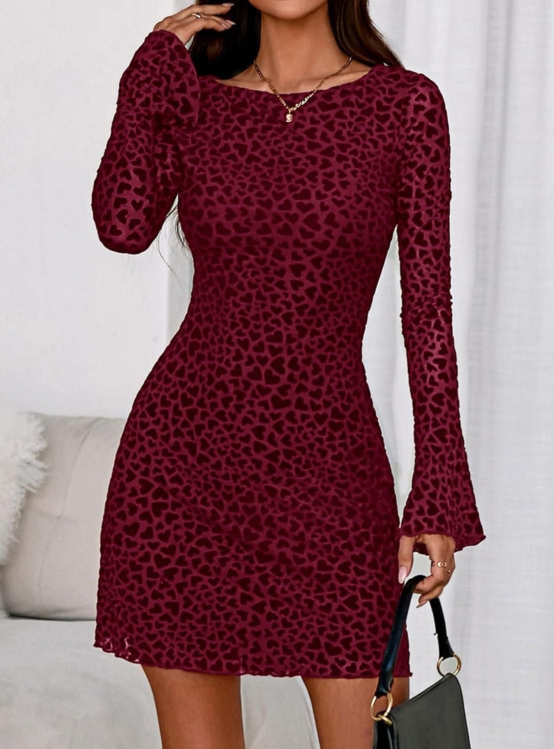 imagePRETTYGARDEN Womens 2025 Fall Fashion Floral Long Sleeve Mini Dress Mesh Bodycon Short Party Date Night Going Out DressesFloral Wine Red