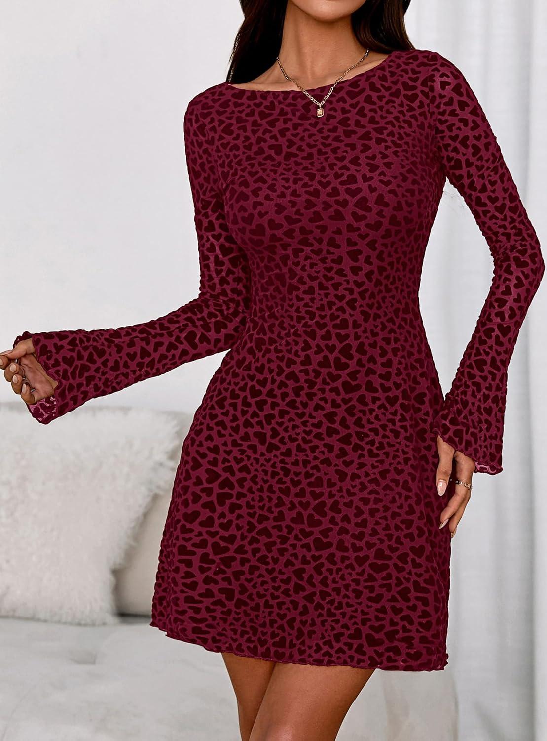 imagePRETTYGARDEN Womens 2025 Fall Fashion Floral Long Sleeve Mini Dress Mesh Bodycon Short Party Date Night Going Out DressesFloral Wine Red