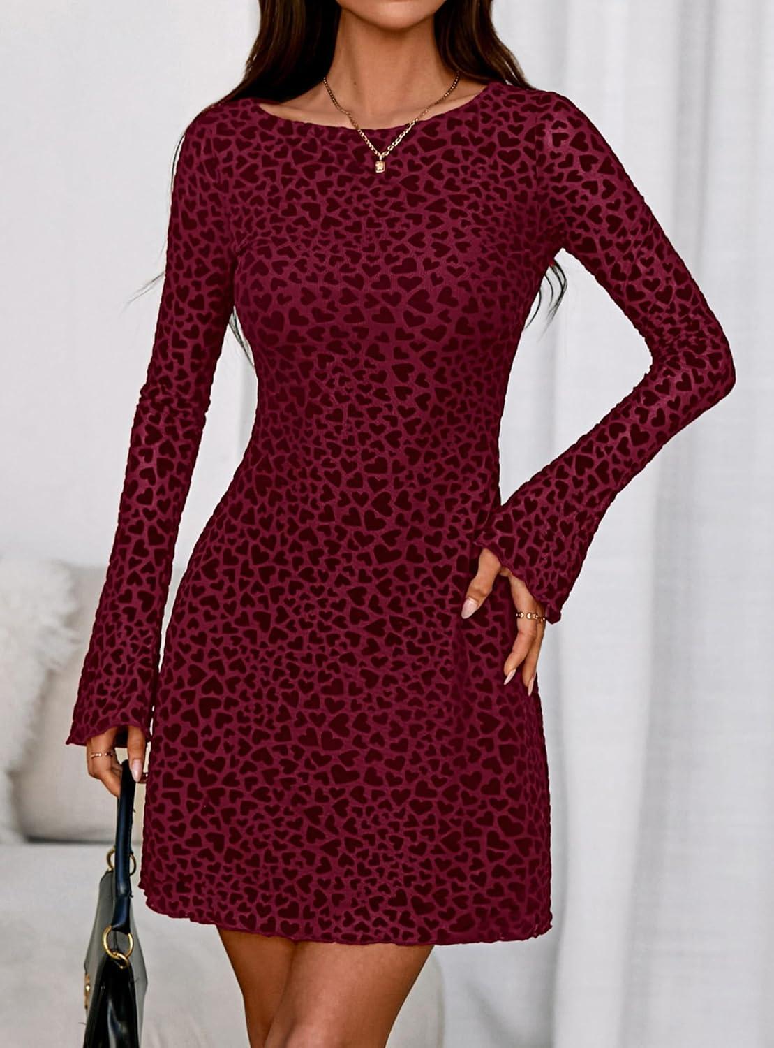imagePRETTYGARDEN Womens 2025 Fall Fashion Floral Long Sleeve Mini Dress Mesh Bodycon Short Party Date Night Going Out DressesFloral Wine Red